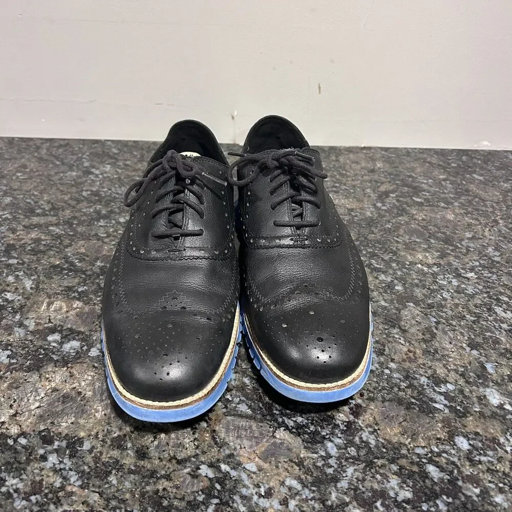 Men 11 M Cole Haan Water Resistant Zerogrand Black Leather Blue Wingtip C23746